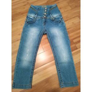 EVO Evolution Jeans Womens Capri High Waisted Rhinestone Buttons SZ 5 Lots Bling